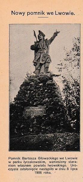 Zdjęcie w prasie przedstawiające pomnik Bartosza Głowackiego we Lwowie